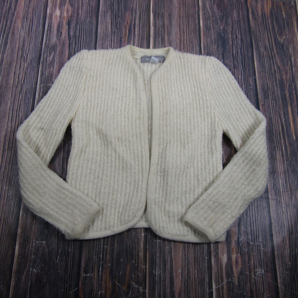 Casual Corner Cardigan Women Small Cream Vintage Boucle Open Front Ribbed Knit